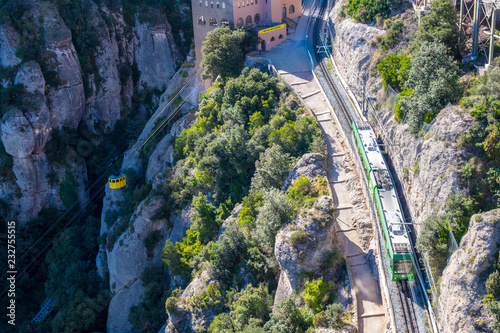 Cremallera train, Montserrat monastery on mountain in Barcelona, Catalonia.