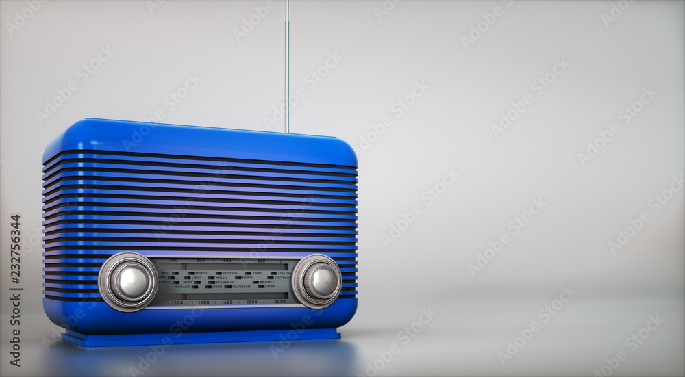 Fototapeta premium Blue vintage radio receiver on empty background 3d illustration