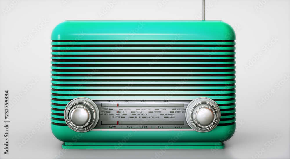 Fototapeta premium Light green vintage radio receiver on empty background 3d illustration