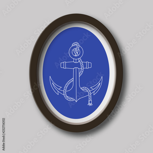 An image of a white anchor on a blue background. In the style of the old school tattoo. Drawing in a realistic oval frame of dark color. Vector illustration.