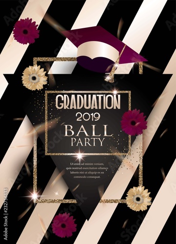 Graduation party invitation card with cofetti, gerbera flowers and golden frames. Vector illustration