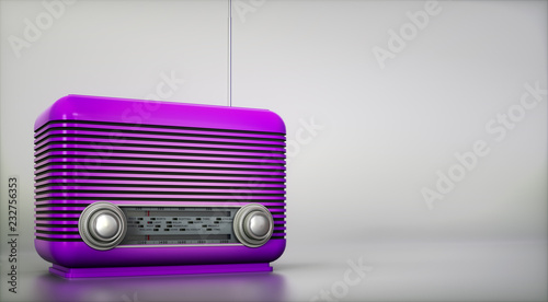 Purple vintage radio receiver on empty background 3d illustration