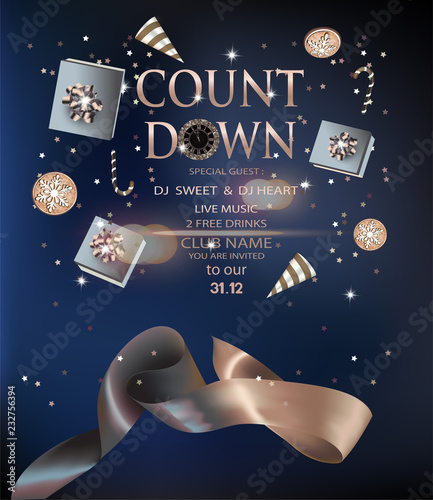 Count down banner with levitating objects and curly ribbon. Vector illustrtion
