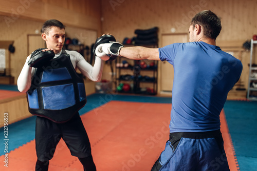 Male kickboxer in gloves practicing hand punch