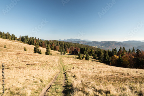 Fototapeta Naklejka Na Ścianę i Meble -  Hala Rycerzowa mountain meadow with chalet, hills on the background, colorful trees and clear sky in autumn Beskid Zywiecki mountains in Poland