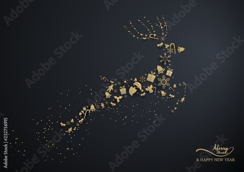 gold snowflake and decoration look like reindeer on black background,merry christmas ,happy new year.