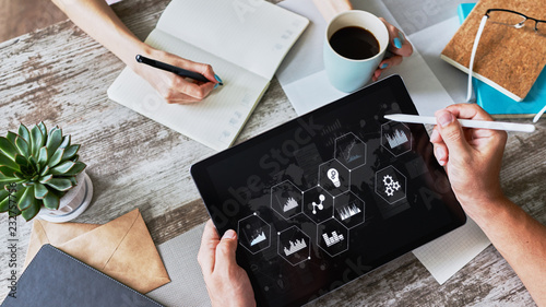 Business process control panel and data analysing monitor with chart and diagrams on device screen. Innovation and automation concept.