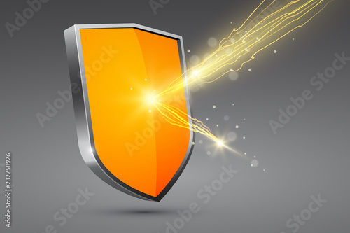 Yellow shield with lightning, firewall concept, vector illustration photo