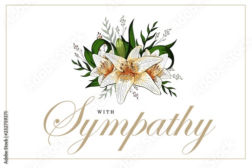 Photo Condolences sympathy card floral lily bouquet and lettering