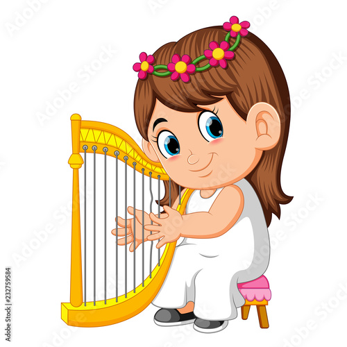 a beautiful girl with long brown hair playing the harp