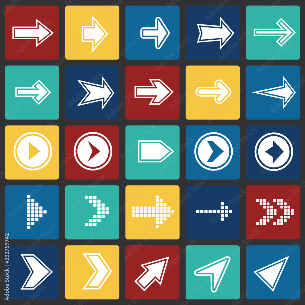 Arrows icons set with outline on color squares background icons Arrows icons set with outline on color squares background icons