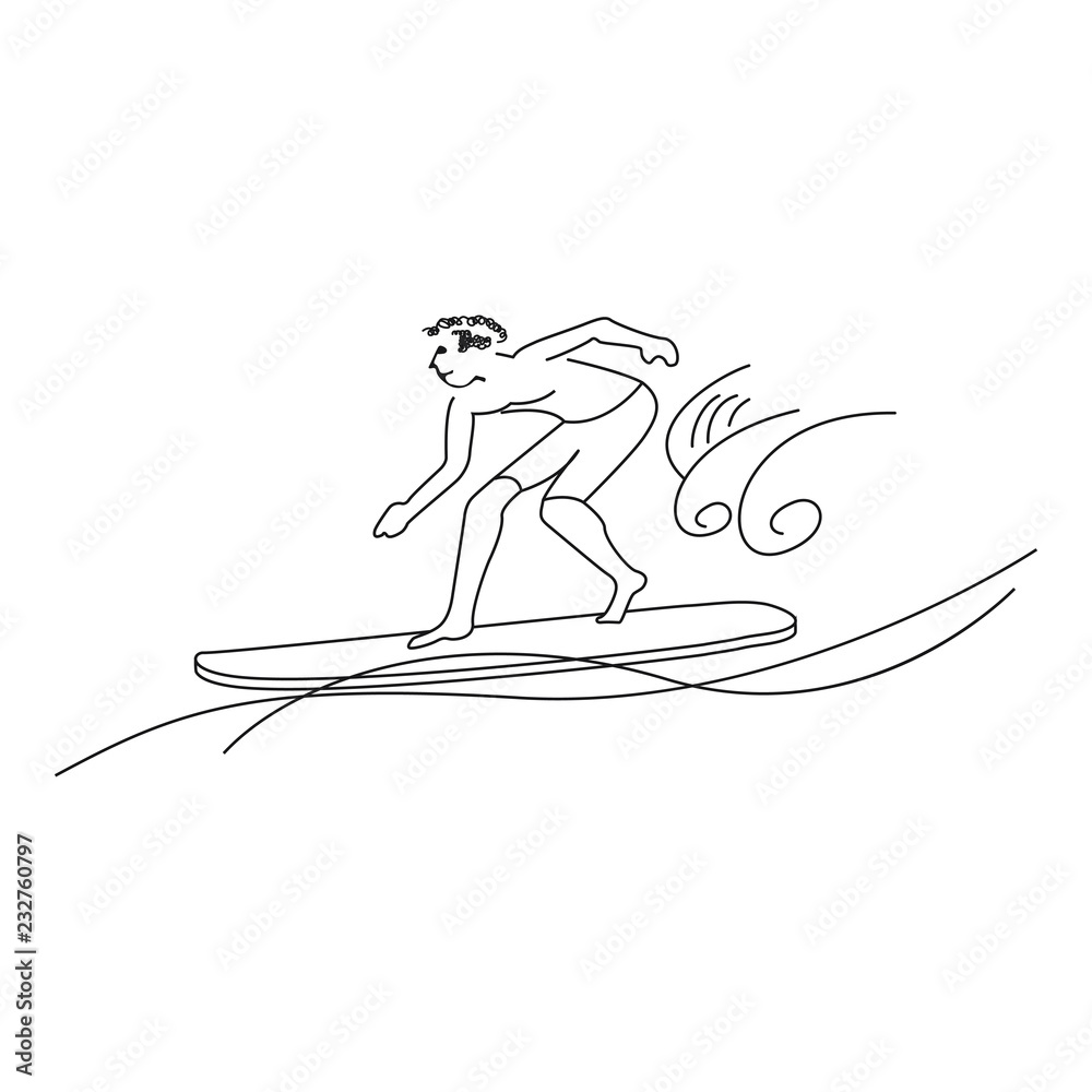 surfer and surfboard black stroke on white background with waves