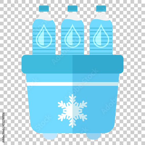 Portable fridge refrigerator with water bottle icon in flat style. Freezer bag container vector illustration on isolated background. Fridge and soda drink business concept.