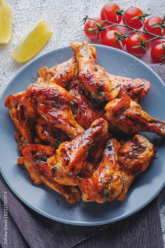 baked chicken pieces in teriyaki sauce, closeup, top view