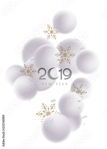 Levitating snowballs and snowflakes. Vector illustration. New year background