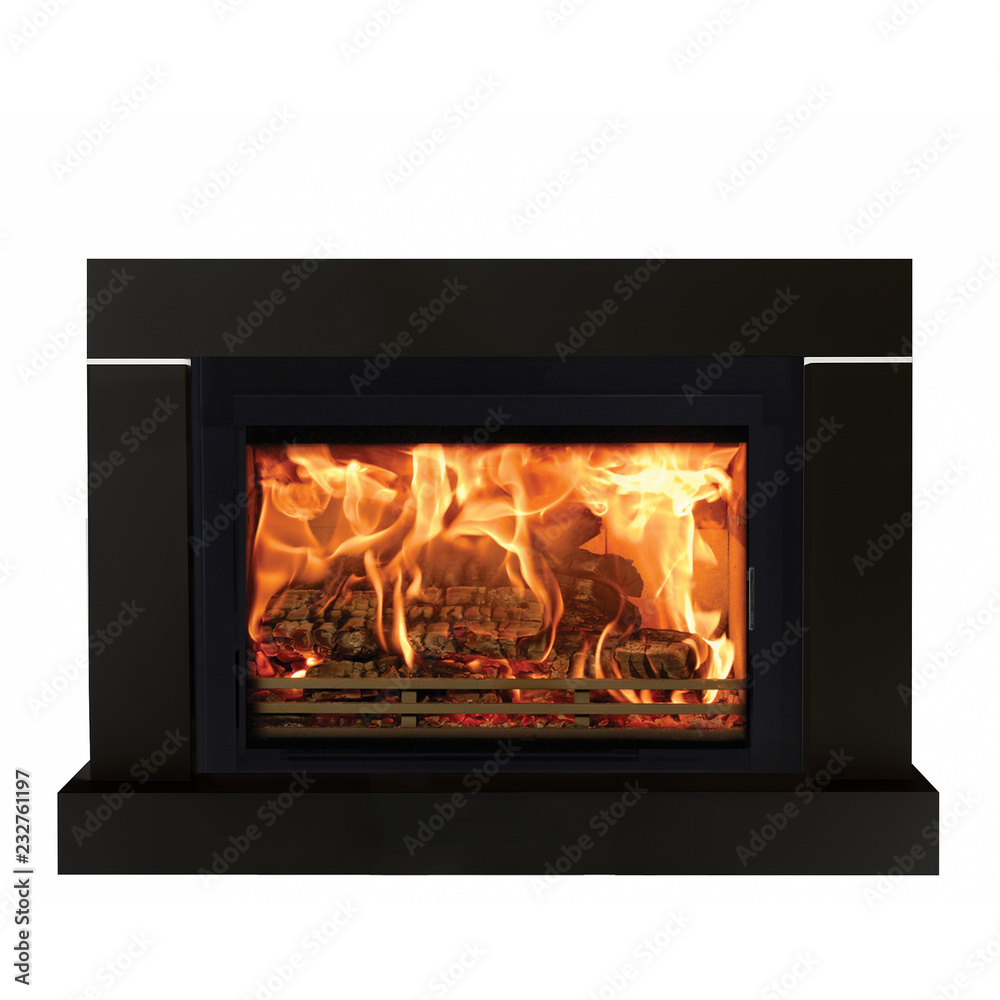 Dark wood fireplace isolated on white background
