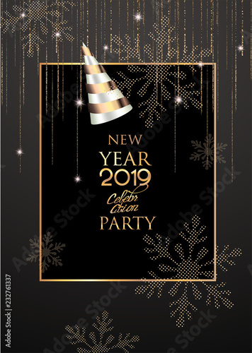 New Year celebration invitation card with abstract golden snowflakes, party hat and serpentine. Vector illustration