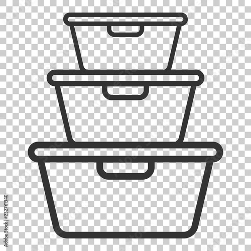 Food container icon in flat style. Kitchen bowl vector illustration on isolated background. Plastic container box business concept.