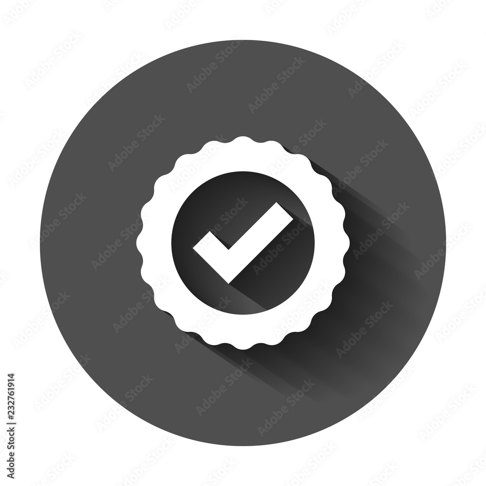 Approved certificate medal icon in flat style. Check mark stamp vector illustration with long shadow. Accepted, award seal business concept. Approved certificate medal icon in flat style. Check mark stamp vector illustration with long shadow. Accepted, award seal business concept.