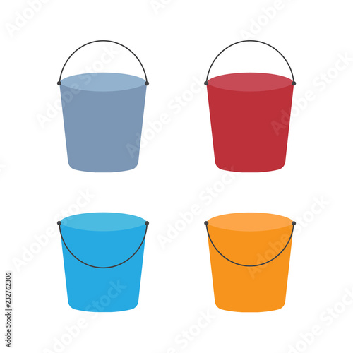 Cartoon buckets. Water pails, metal and plastic bucket. Isolated vector set. Collection of bucket container with water, pailful