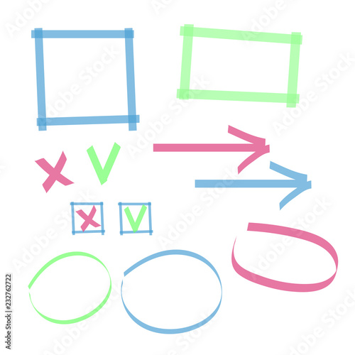 Highlighter marks, stripes, strokes, frames, speech bubbles, crosses, ticks and arrows vector set. Elements drawn with colored marker