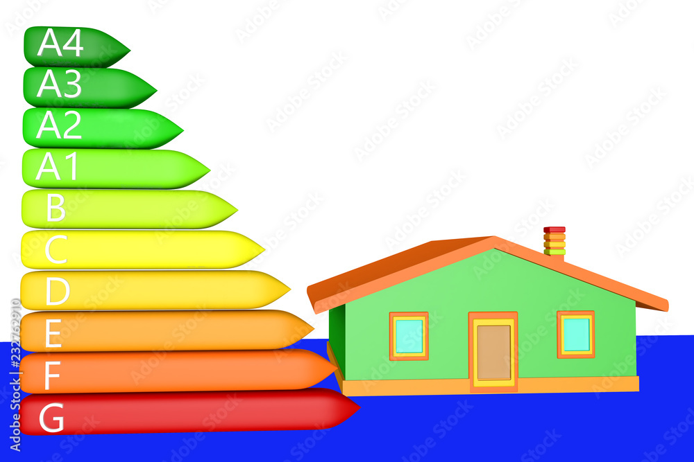 View 3D illustration energy classification and house residential and commercial 3D rendering View 3D illustration energy classification and house residential and commercial 3D rendering