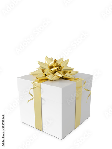 White Gift box with gold ribbon isolated on white background. 3d rendering