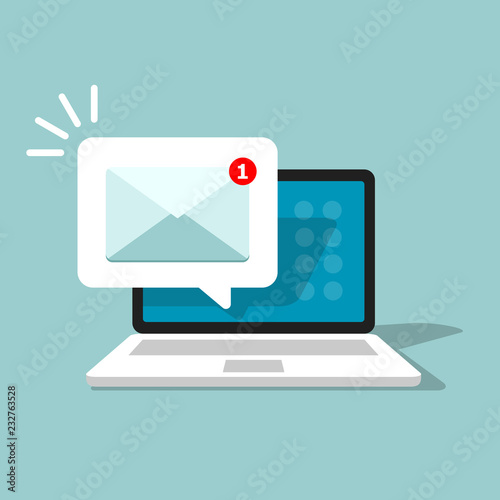 Email alert in laptop. Message on computer screen. Notification vector concept. Vector illustration in flat style.