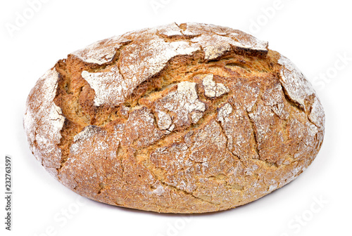 Fresh rye bread or whole grain bread. Isolated object on white background. Healthy baked bread, whole bread on white background.