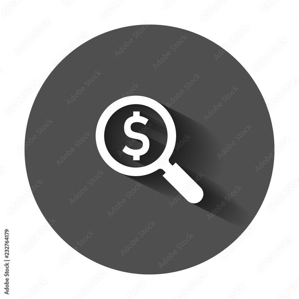 Magnify glass with dollar sign icon in flat style. Loupe, money vector illustration with long shadow. Search bill business concept. Magnify glass with dollar sign icon in flat style. Loupe, money vector illustration with long shadow. Search bill business concept.