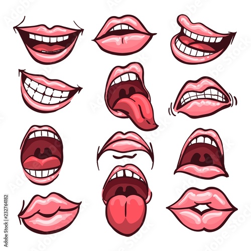 Set of cartoon mouths isolated on a white background. Variety of emotions and facial expressions. Vector illustration.