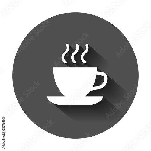 Coffee, tea cup icon in flat style. Coffee mug vector illustration with long shadow. Drink business concept.