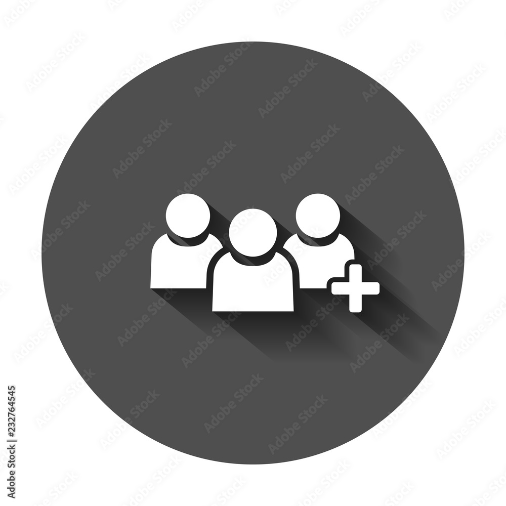 People communication user profile icon in flat style. People with plus vector illustration with long shadow. Partnership business concept. People communication user profile icon in flat style. People with plus vector illustration with long shadow. Partnership business concept.