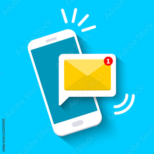 Message icon 3d. Reminder on screen smartphone. New email notification. Sms message concept in flat style. Isolated vector illustration.