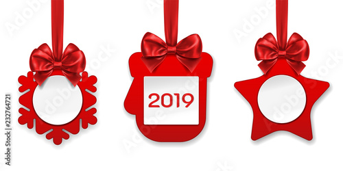2019 new year paper decorations or ornament for christmas holiday. Star and mitten, gauntlet and snowflake with bow knot, decorative santa claus muffle for winter holiday. Festive celebration