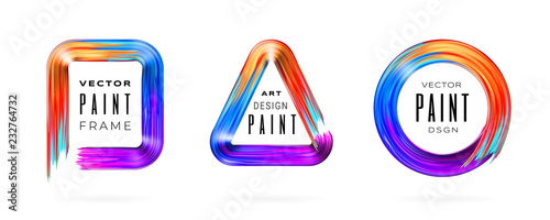 Set of isolated paint brushstroke frames with text. Geometric borders painted with brush strokes. Rectangle, triangle and circle paint smears. Background design for advertising, banner, flyer, poster