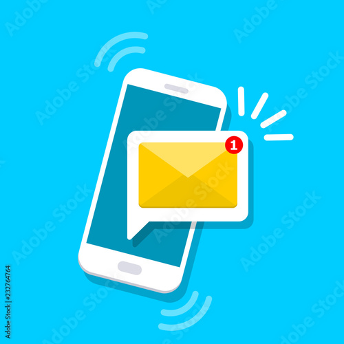 Message icon 3d. Reminder on screen smartphone. New email notification. Sms message concept in flat style. Isolated vector illustration.