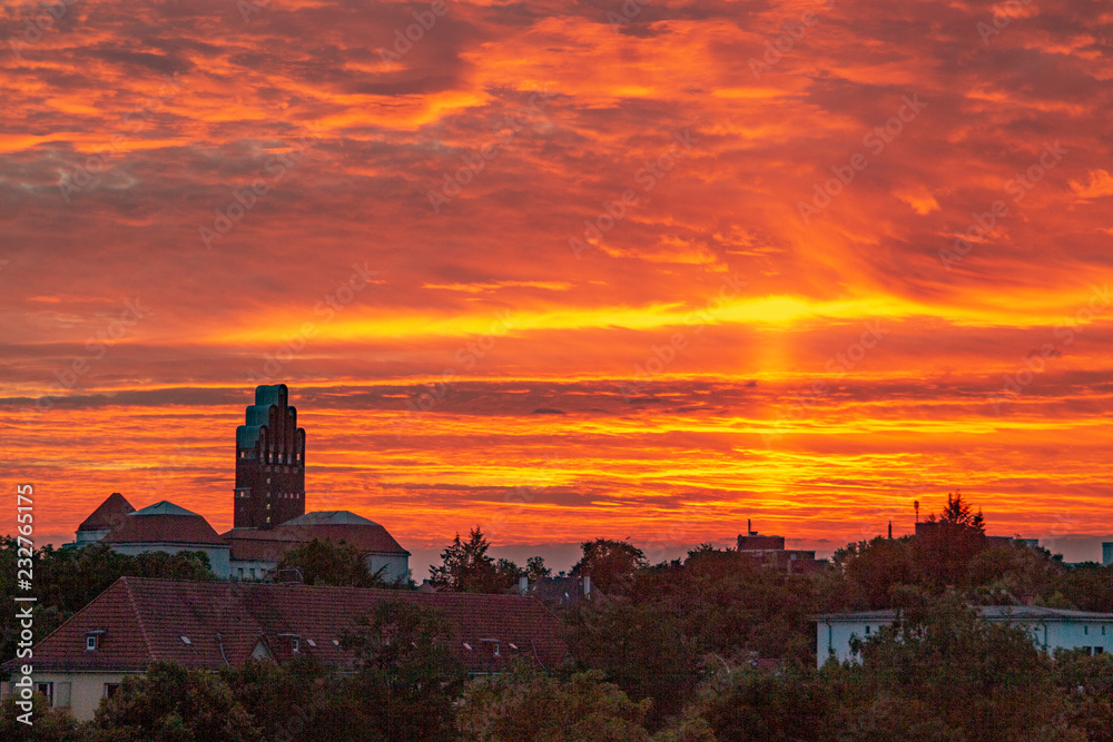 colorful sunset in Darmstadt with view to famous wedding tower