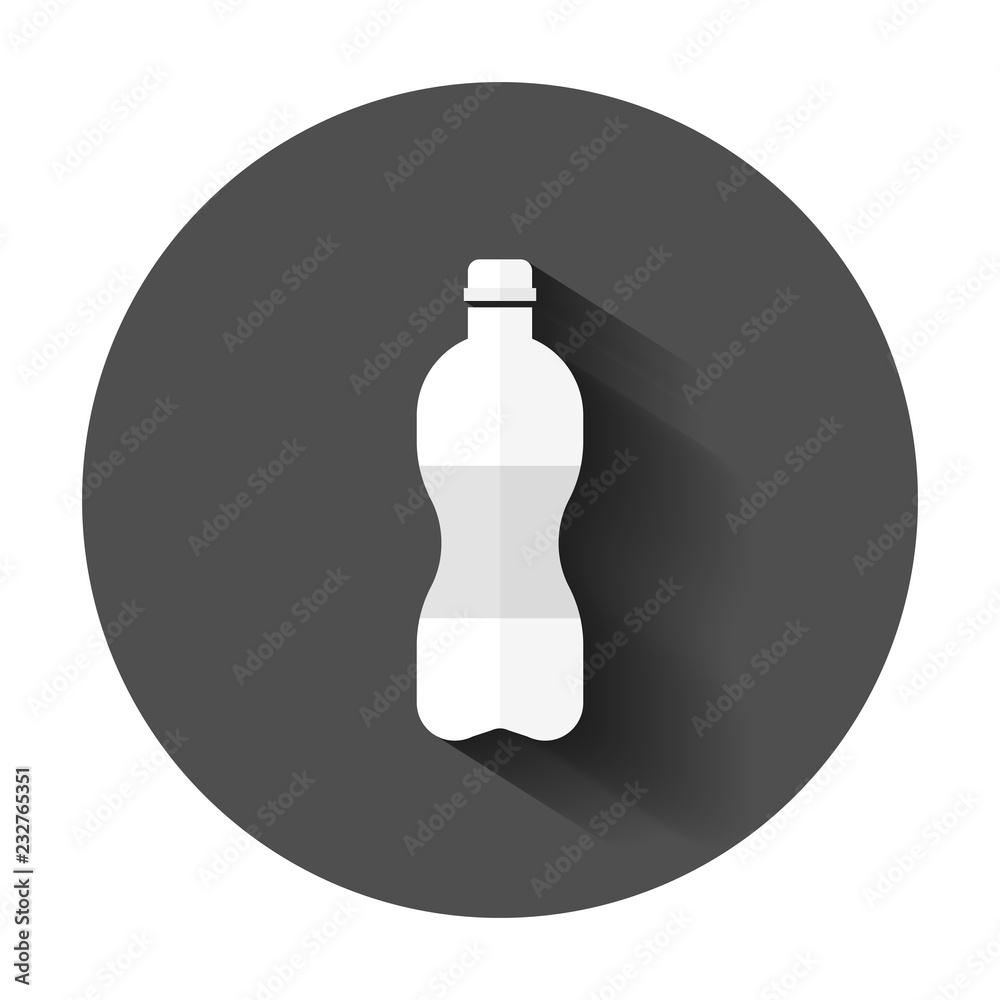 Water bottle icon in flat style. Plastic soda bottle vector illustration with long shadow. Liquid water business concept. Water bottle icon in flat style. Plastic soda bottle vector illustration with long shadow. Liquid water business concept.