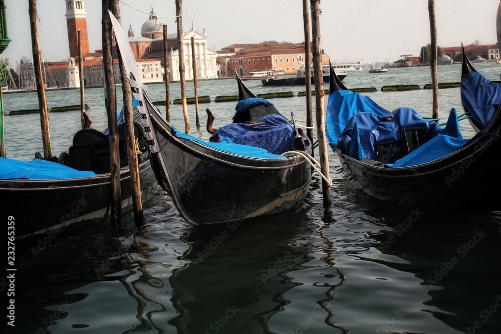 Pack of still Gondola Boats in Venice