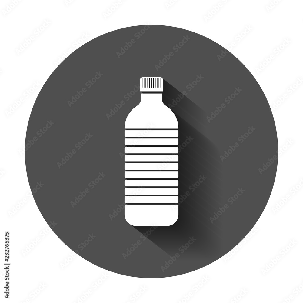 Water bottle icon in flat style. Plastic soda bottle vector illustration with long shadow. Liquid water business concept. Water bottle icon in flat style. Plastic soda bottle vector illustration with long shadow. Liquid water business concept.