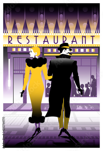 A young couple goes to a restaurant for a party. Retro party invitation card. Handmade drawing vector illustration. Art Deco style.