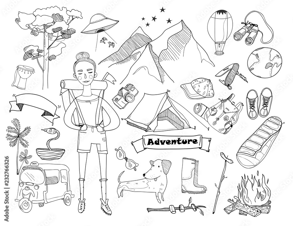 Adventure time. Hand drawn doodle vector set. Isolated elements  Stock-Vektorgrafik | Adobe Stock