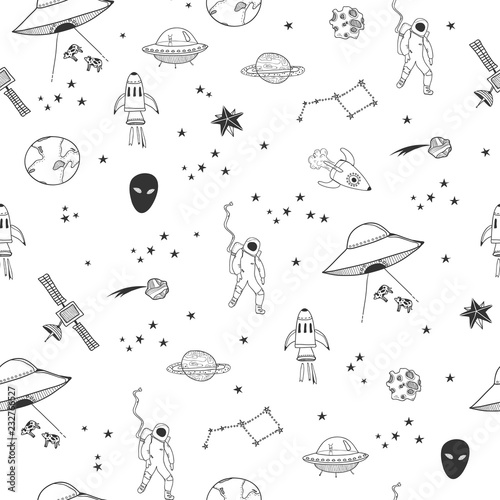 Hand drawn space elements. Graphic vector seamless pattern