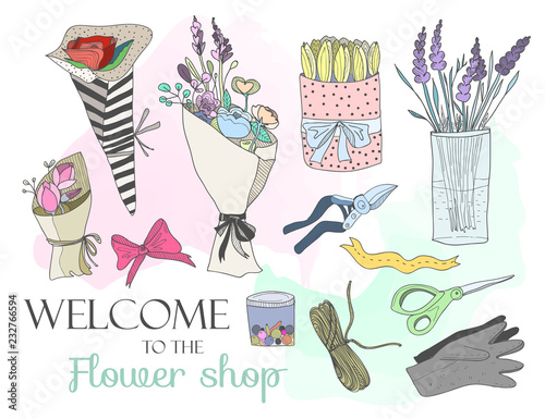 Hand drawn flower shop elements. Colored graphic vector set