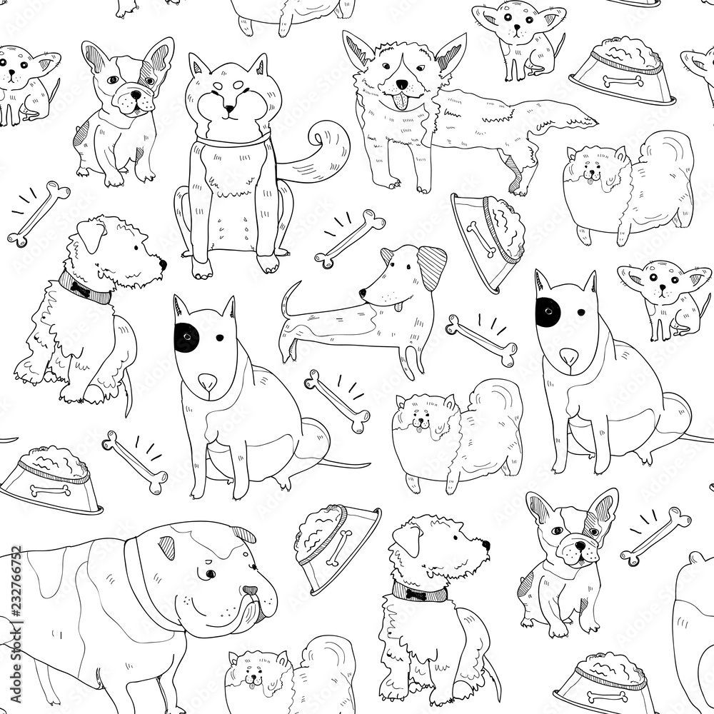 Hand drawn various breeds of dogs. Graphic doodle vector seamless pattern Hand drawn various breeds of dogs. Graphic doodle vector seamless pattern