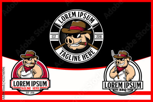 Cowboy Hog or Pig Cartoon for BBQ Vector Logo Template