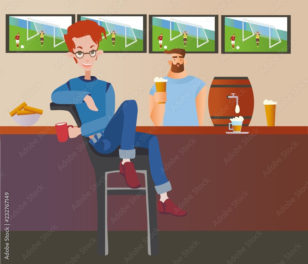 Young red-haired man sitting in a sport bar. Student night out. Flat vector ilustration. Young red-haired man sitting in a sport bar. Student night out. Flat vector ilustration.