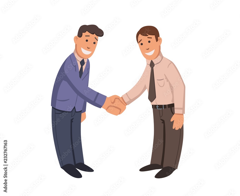 Businessmen handshake. Two smiling men shaking hands. Business deal. Flat vector ilustration. Isolated on white background.