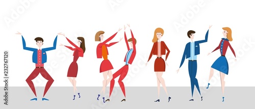 Young people dancing on the dancefloor. Disco night party. Fflat vector ilustration, horizontal.